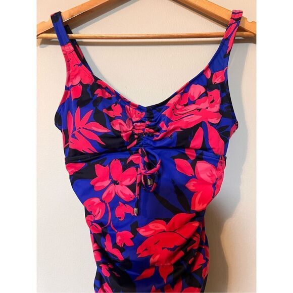 Aqua Green Size M One Piece Cinch Front Swimsuit Royal Blue Pink Tropical Floral - Picture 7 of 10